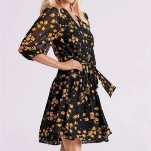 Cabi Wrap Dress Womens Small Black Orange Floral Mesh Stretch